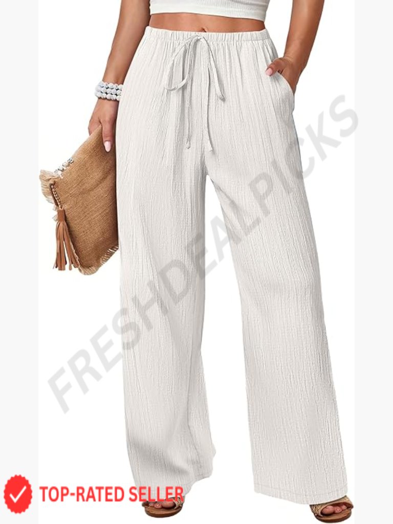 Wide Leg Palazzo Pants Lightweight Flowy Lounge Trousers Elastic Waist Pockets